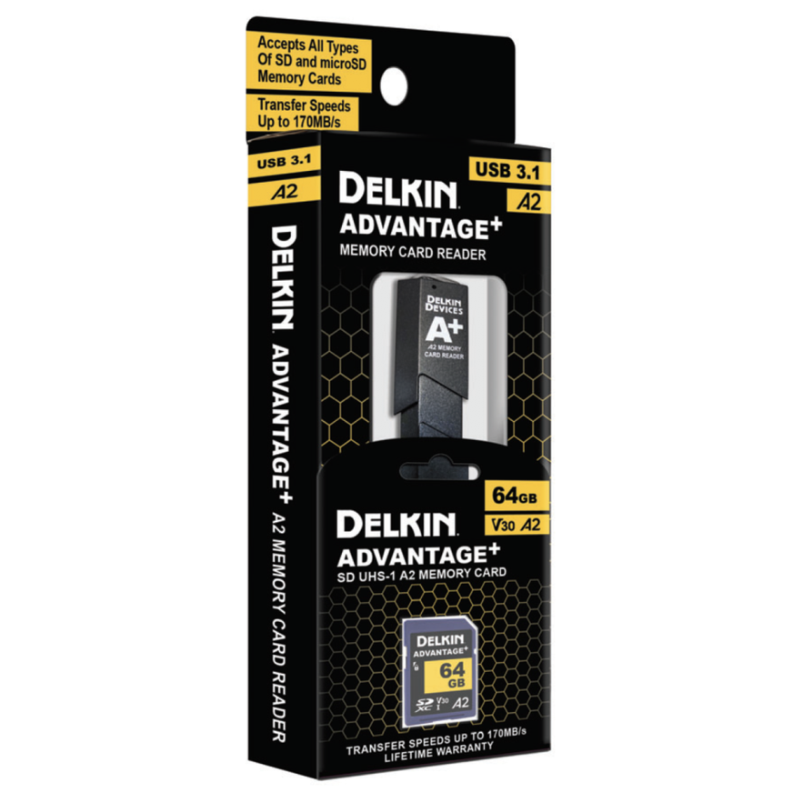 Kit de Memoria SD Delkin Devices 64 GB ADVANTAGE+ UHS-I A2 SDXC, V30 + Lector