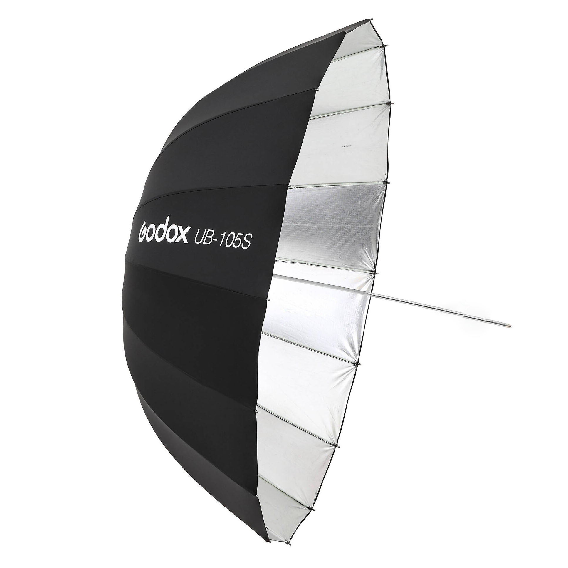 Reflector parabólico plateado tipo sombrilla Godox UB-105S, de 105cm.