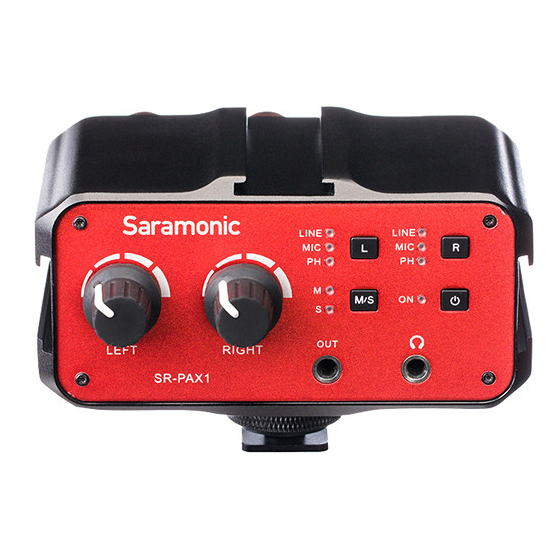 Mezclador Saramonic SR-PAX1, de 2 canales, XLR, Phantom, 6.35mm, 3.5mm.