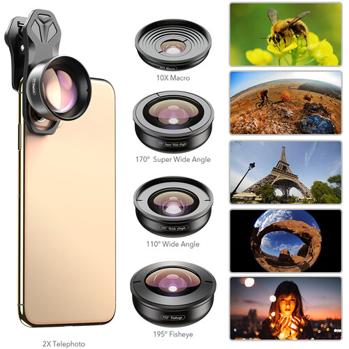 Apexel Juego de lentes de teléfono con cámara HD para teléfono móvil, lente  macro de 10x, lente telefoto 2X, gran angular de 110°, súper gran angular