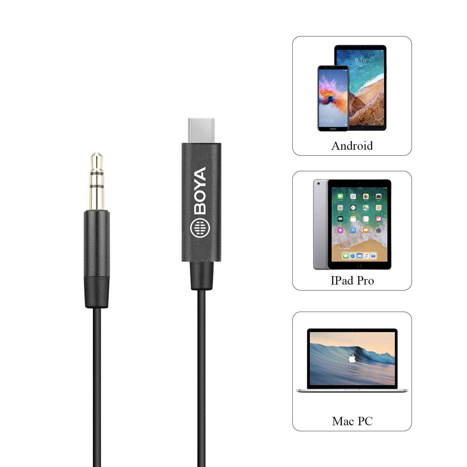 Adaptador Boya BY-K2, TRS macho 3.5mm a USB-C macho