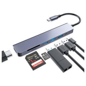 HUB USB-C, 7en1, con HDMI 4K, PD, 1xUSB3.0, 2xUSB2.0, SD, TF