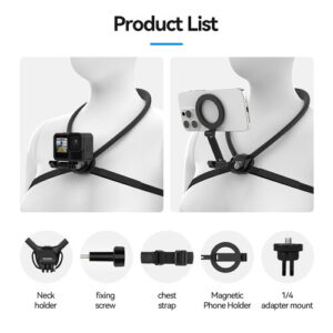 Soporte magnético 2 en 1 Telesin para cuello, para celulares y cámaras de acción, negro (P2-HNB-02)